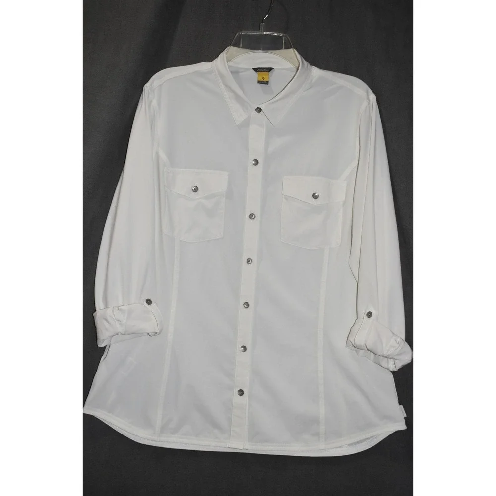 Eddie Bauer XL Women Departure Shirt Ivory Roll Tab Sleeve Button Up Stretch - Picture 4 of 16